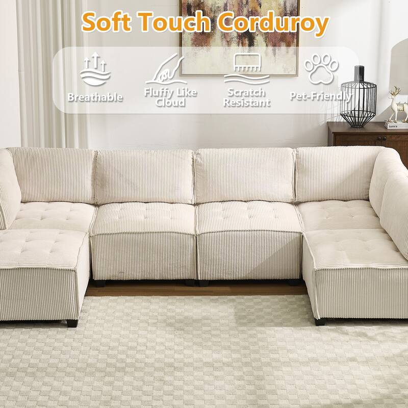 U-Shaped Modular Sectional Sofa, Oversized Corduroy Cloud Couch with Reversible Chaise, Comfy Convertible 6-Seat Corner Couch