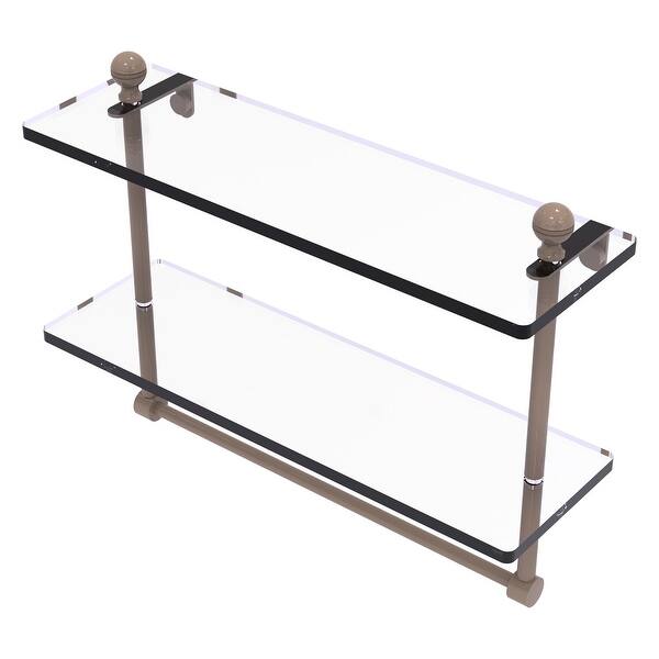 Mambo Collection 16 in. Two Tiered Glass Shelf with Integrated Towel Bar in Unlacquered Brass Mambo Collection 16 in. Two Tiered Glass Shelf with Integrated Towel Bar in Unlacquered Brass