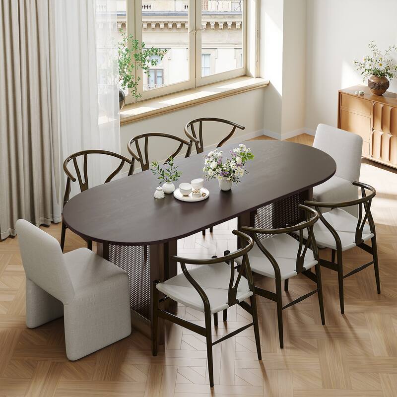 79" Dovelina Oval Dining Table with Rattan Double Pedestal for 8 People