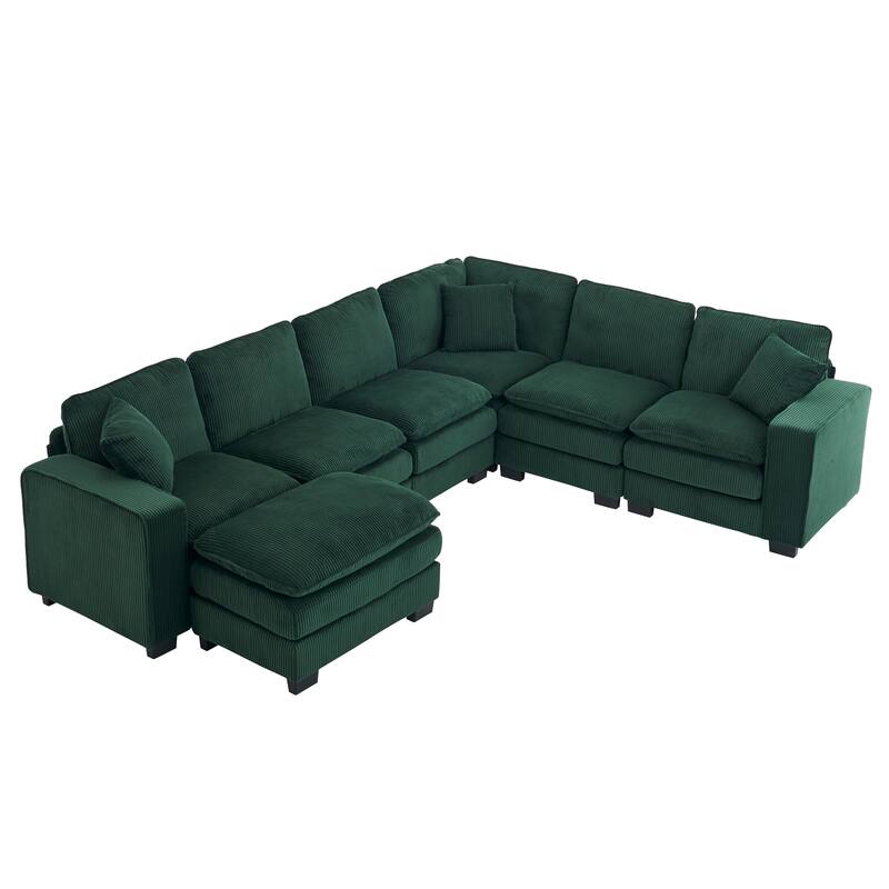 Modular Sectional Sofa for Living Room, U Shaped Sofa Couch with Ottoman and Three Toss Pillows, Corduroy Fabric Sofa Set