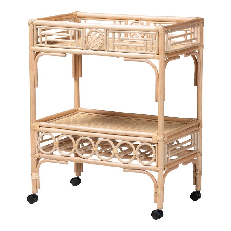 Molina Natural Rattan Wine Cart - 2-Tier Beverage Trolley with Wheel and Bottle Holders, Tropical Coastal Style Furniture - Natural Brown/Black