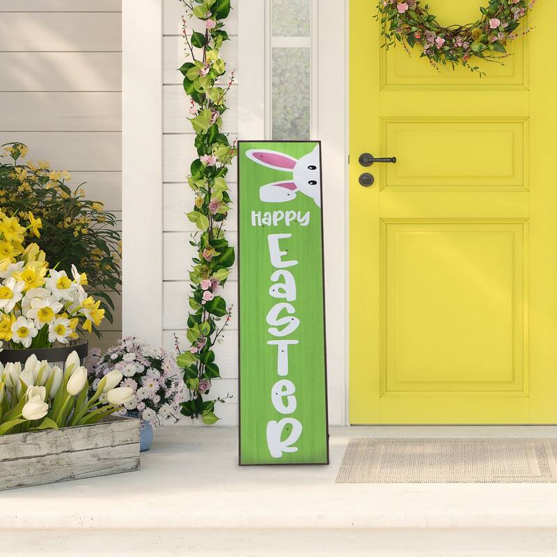 Fraser Hill Farm 45-In. HAPPY EASTER Porch Leaner Sign w/Battery-Operated LED Lights, Festive Spring Decoration, Green
