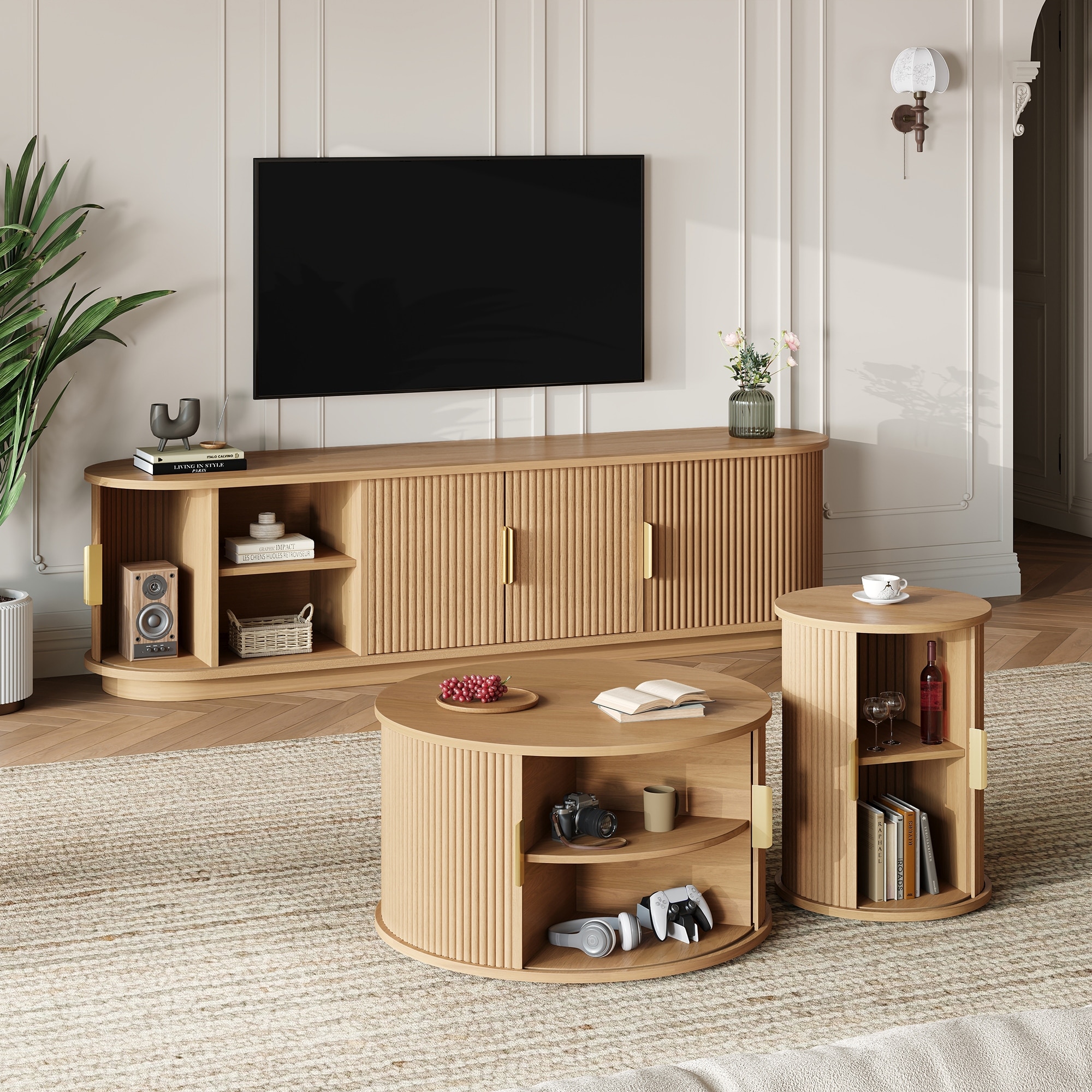 Farmhouse TV Stand & Coffee Table Set with Fluted Sliding Door & Golden Handles, for TVs up to 75"