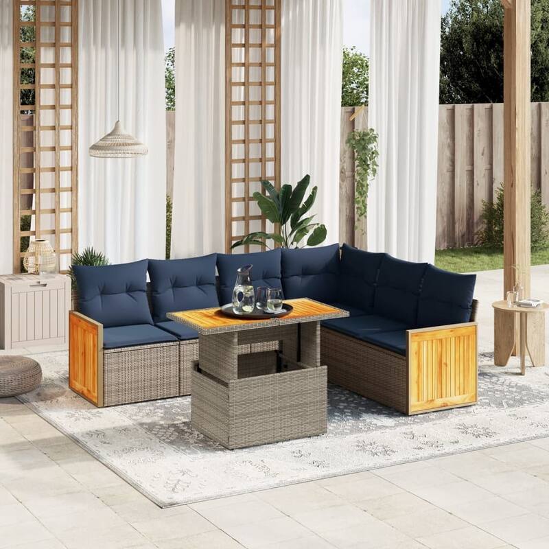 vidaXL Patio Sofa Set with Cushions Outdoor Furniture 7 Piece Poly Rattan - 21.7 x 24.4 x 27.2 - Grey