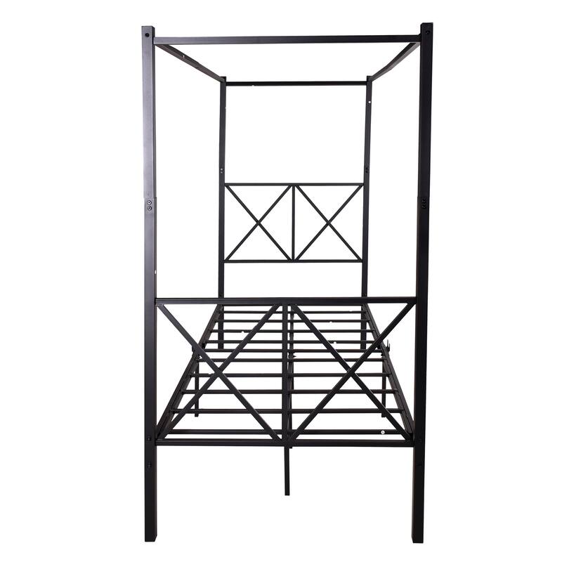 Metal Canopy Bed Frame, Platform Bed Frame with X Shaped Frame Black