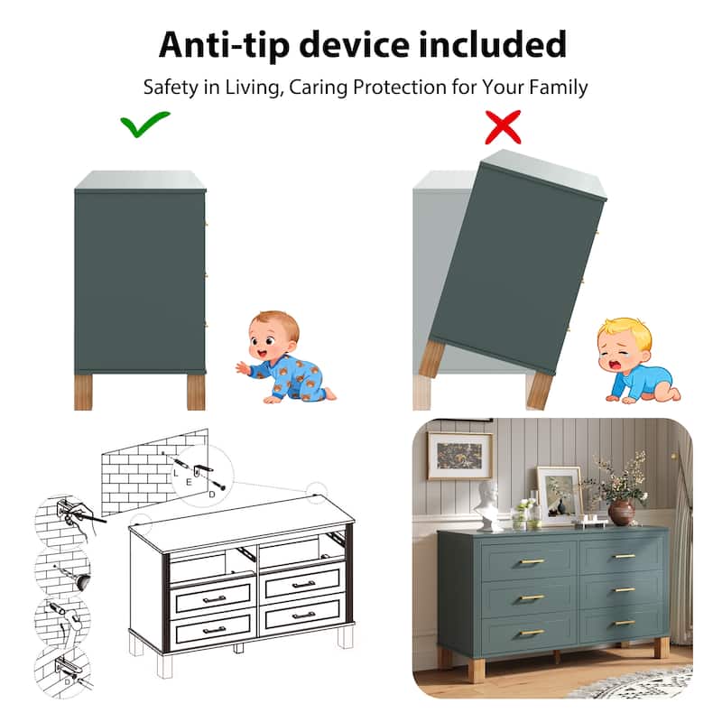 6-Drawer Double Dresser, Modern Storage Cabinet with Metal Handles & Solid Wood Legs