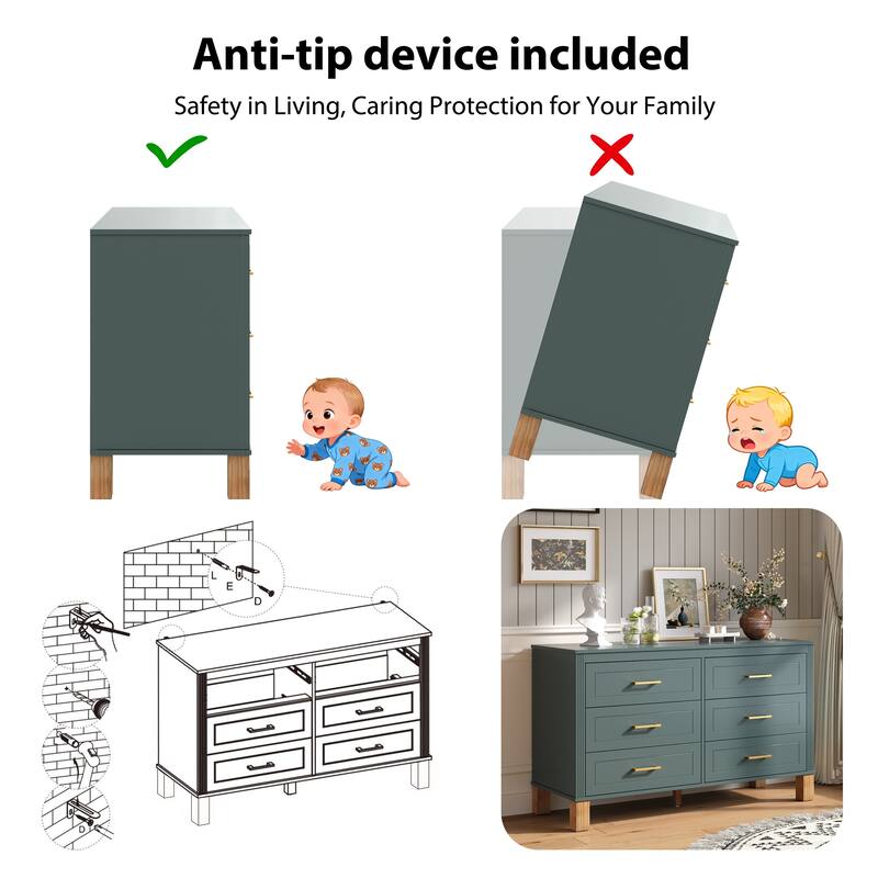 Roomfitters 6-Drawer Double Dresser, Modern Bedroom Storage Cabinet with Solid Wood Legs & Metal Handles