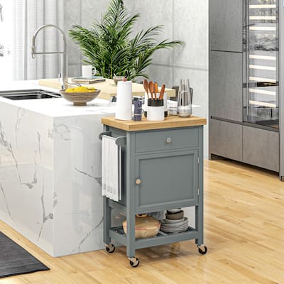 HOMCOM Utility Kitchen Cart, Rolling Kitchen Island with Smooth Rubberwood Top, Narrow Butcher Block Surface on Wheels