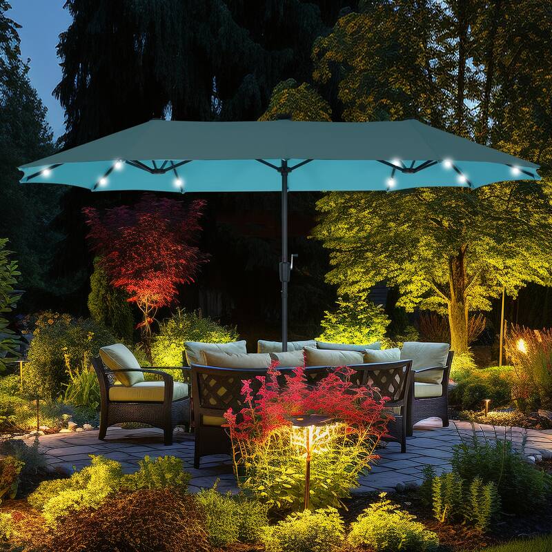 Autlaycil 13 ft Patio Umbrella with 36 Solar Lights & Crank System for Outdoor - Blue