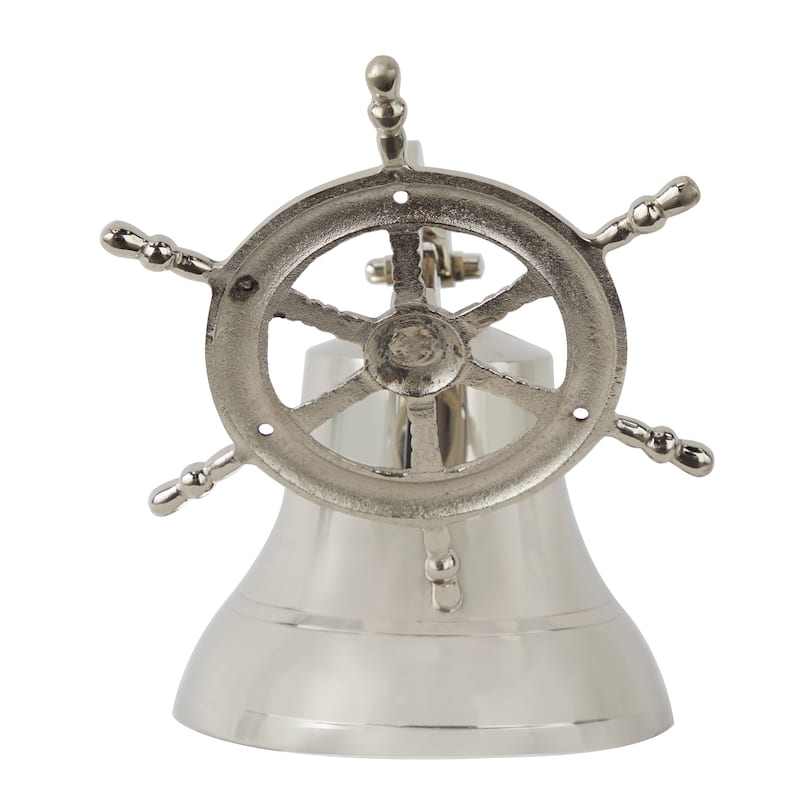 Brass Metal Indoor Outdoor Bell Wall Decor with Ship wheel Backing - Silver or Gold