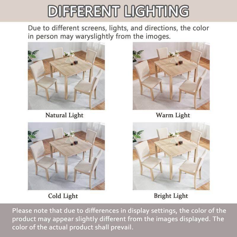Modern Dining Table Set with Linen-Padded Seats and Backrests, for Living Rooms Kitchens, 4-Piece Set, Light Oak + Beige