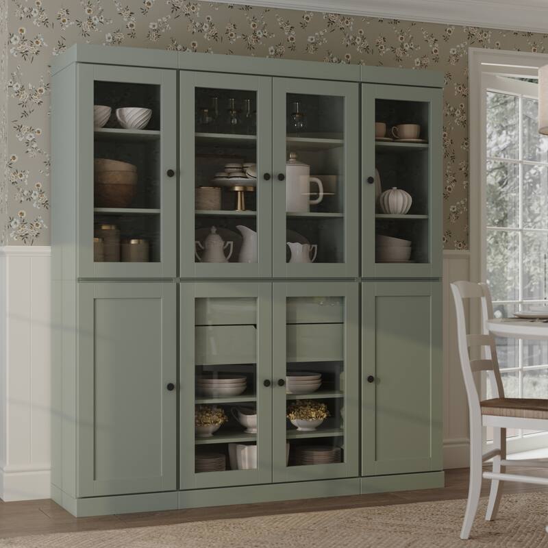 Palace Imports 100% Solid Wood 65" Pantry Cabinet with Clear Glass, Shaker Doors, 2-Drawers and Adjustable Shelves - Sage