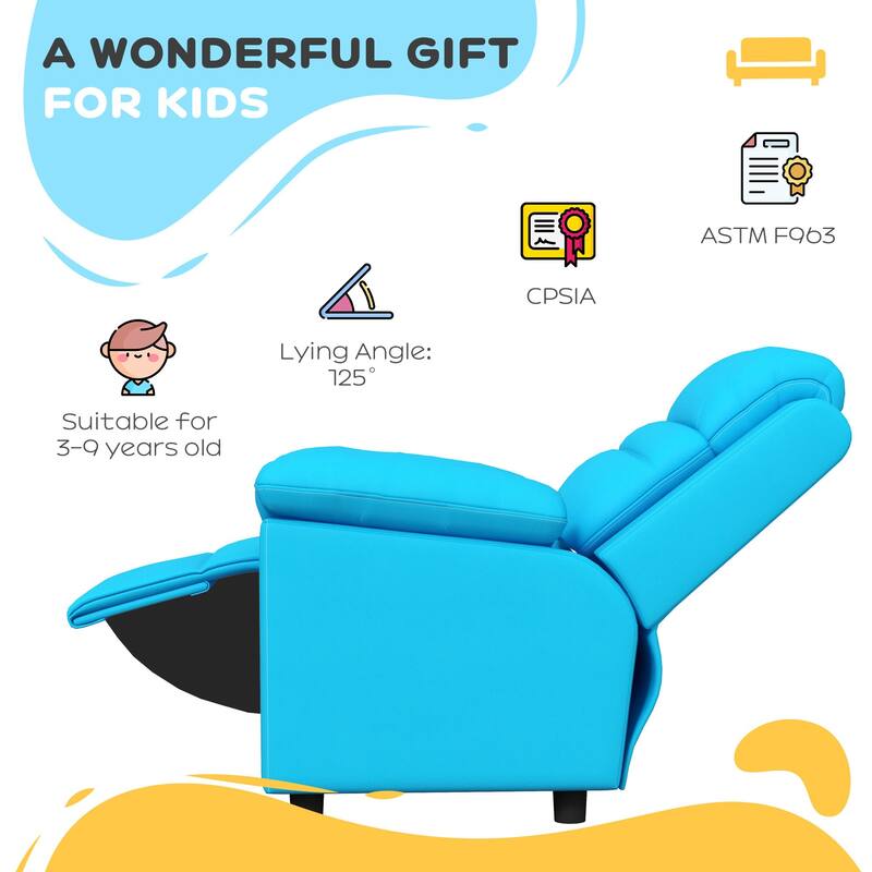 Blue Convertible Recliner Kids Sofa Chair for 3-9 Years with Padded Back and PU Cover - 23.6" W x 25.6" D x 29.5" H