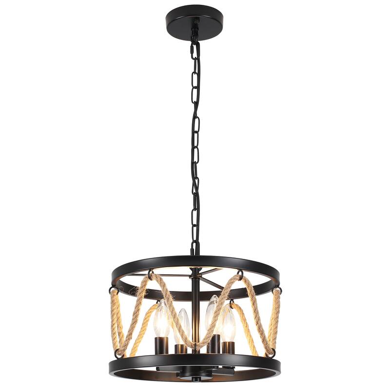 4-Light Drum-shaped Chandelier with Hemp Rope for Kitchen Living Room