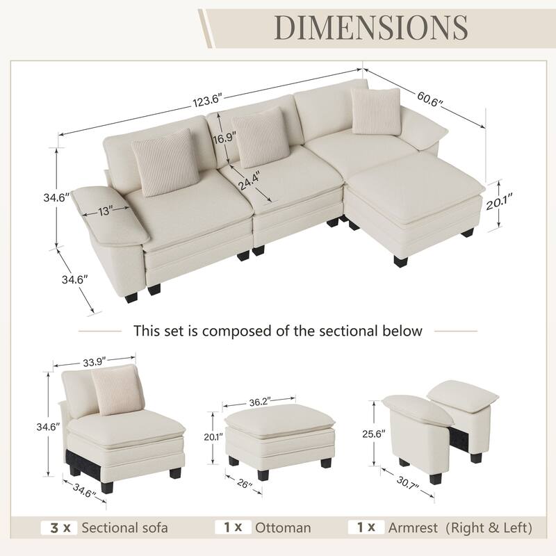 MAISON ARTS Modular Cloud Sectional Sofa, Comfy L- or U-Shaped Couch with Ottomans & Pillows, 4–6 Seat Living Room Sofa