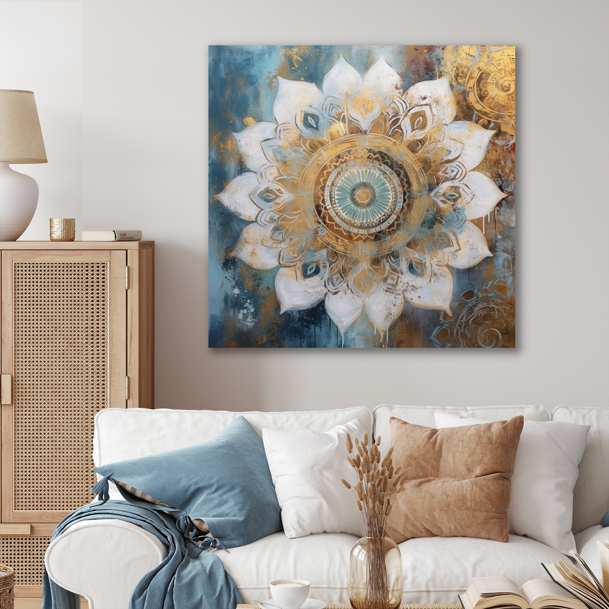 Designart White And Gold Mandala V Boho Mandala Wall Art For Living Room 30 in. wide x 30 in. high