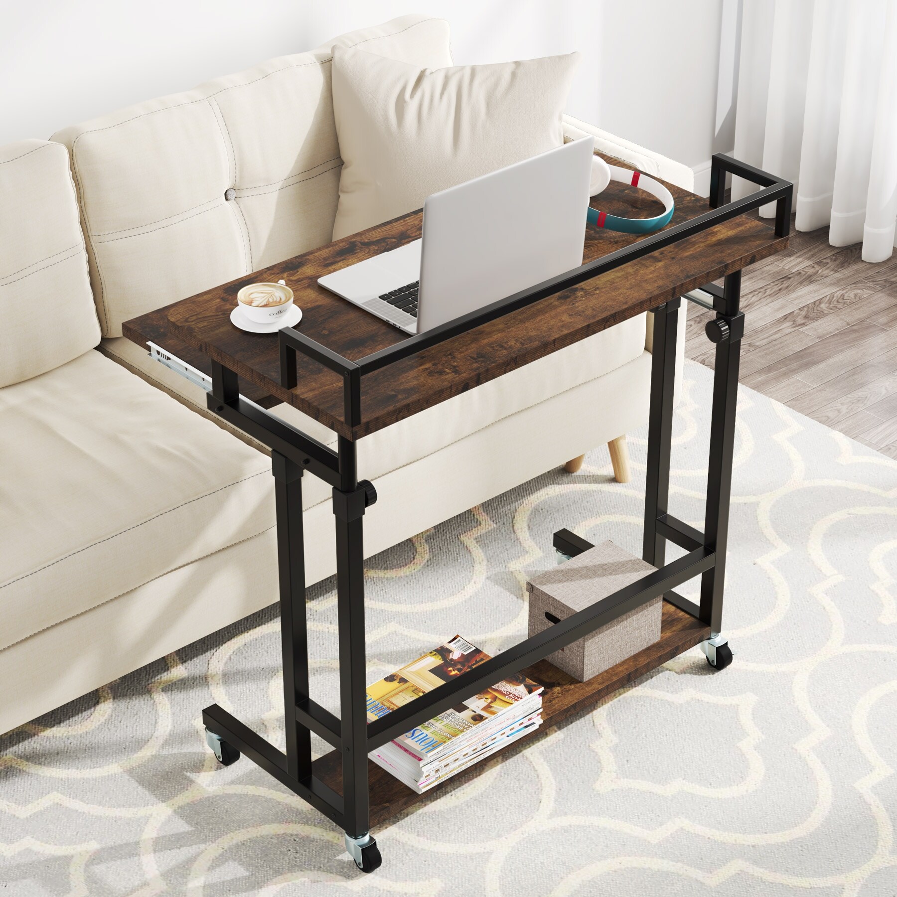 Portable Rolling Desk Adjustable Height Couch Sofa Table with Pull Out Keyboard Tray for Laptop