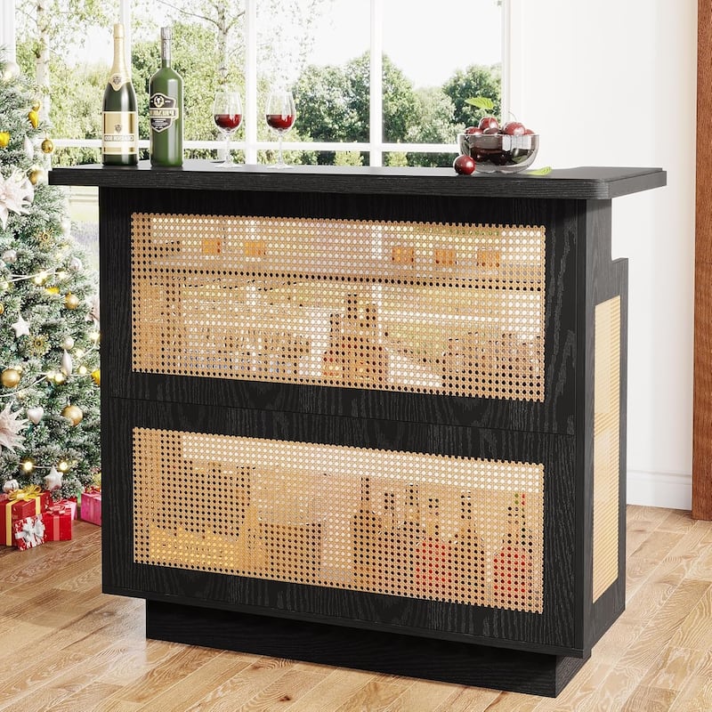 Rattan Home Bar Unit, 4-Tier Bar Table with 4 Stemware Racks and Heightened Base, Liquor Wine Bar Cabinet - Black