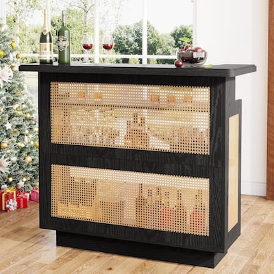 Rattan Home Bar Unit, 4-Tier Bar Table with 4 Stemware Racks and Heightened Base, Liquor Wine Bar Cabinet