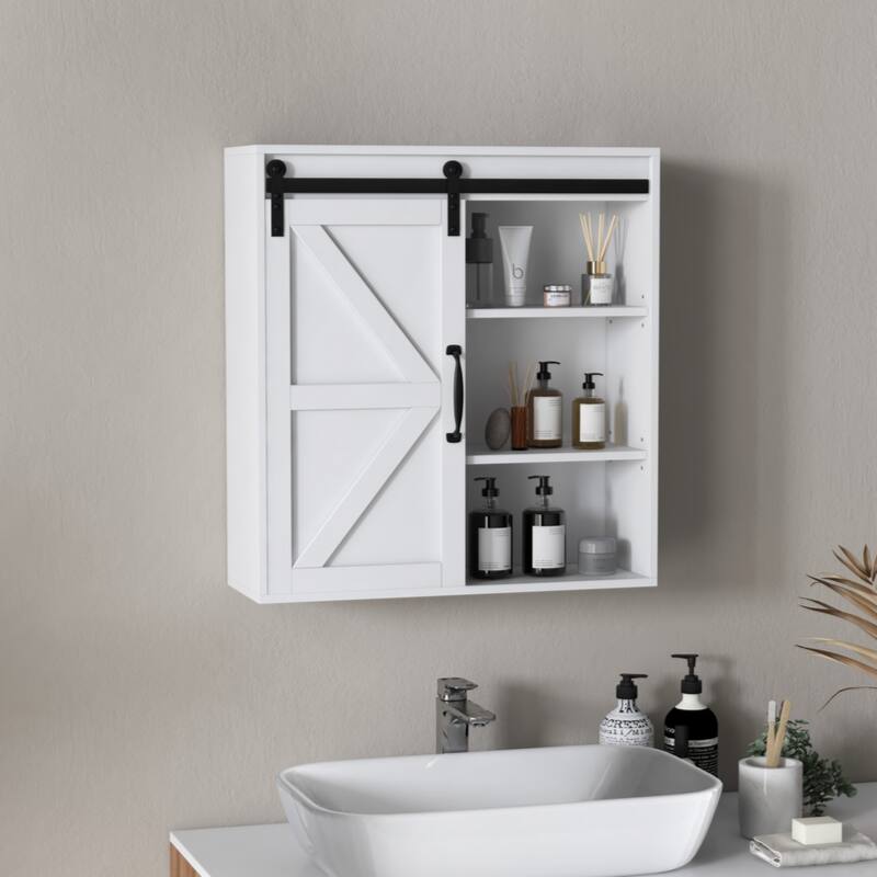 Medicine Cabinet with Sliding Barn Door and Adjustable Shelf, Over the Toilet Cabinet, White - White