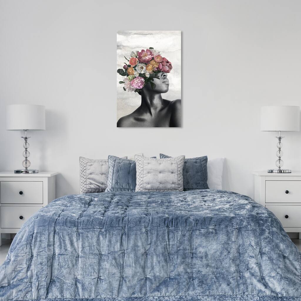 Wynwood Studio Canvas Fashion and Glam In Love With Flowers I Gray and Glam Wall Art Canvas Print