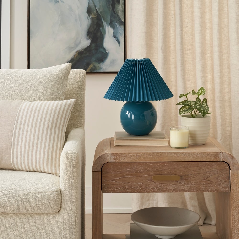 Nourison 13" Round Ceramic Table Lamp with Pleated Shade