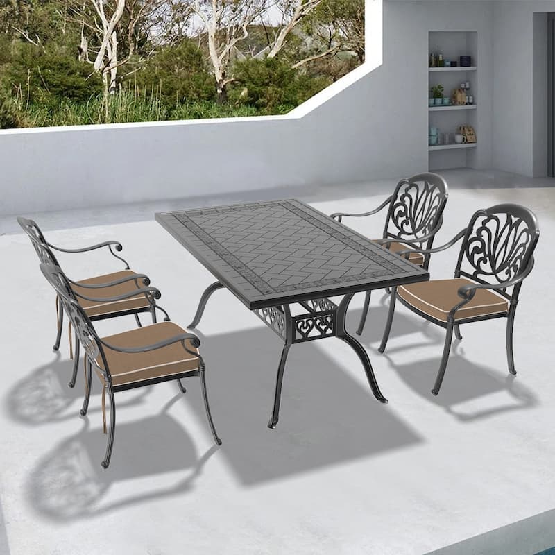 5/7-Piece Cast Aluminum Outdoor Dining Set with 59.06'' L X 35.43'' W Rectangular Table and Random Color Seat Cushions - Black( 5-Piece Sets-A)