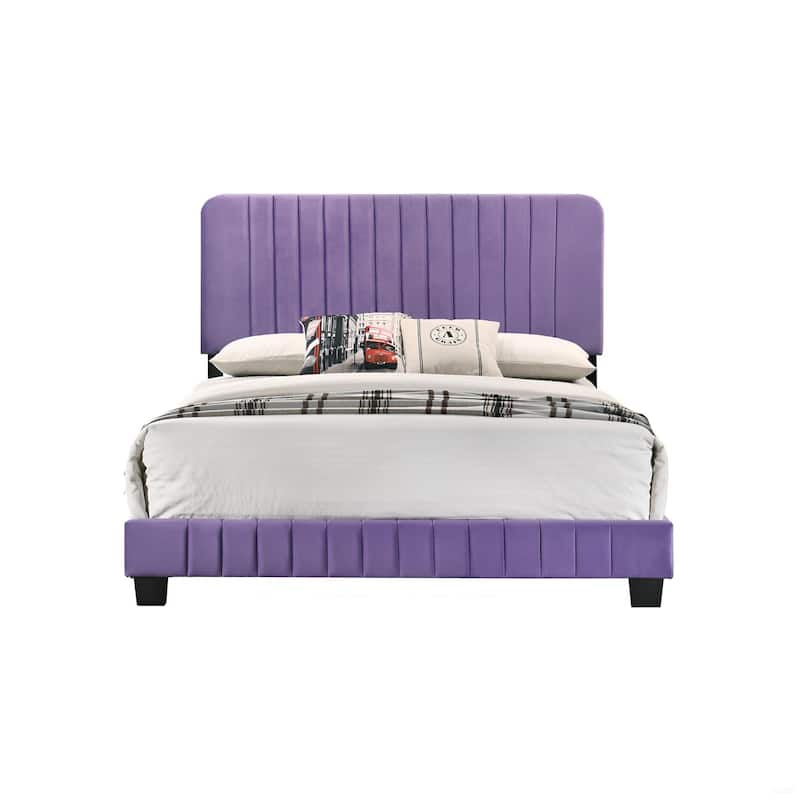 Modern Purple Full Size Bed with Sturdy Wooden Frame and Channel Tufted Velvet Design