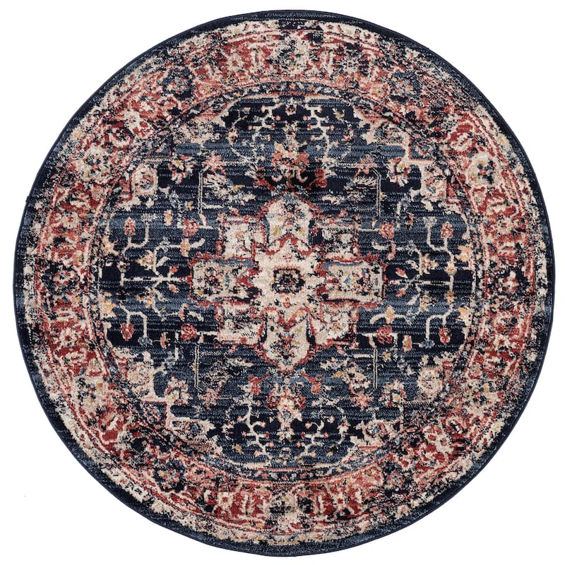 SAFAVIEH Charleston Prabha Vintage Boho Oriental Rug - 4' Round - Navy/Red
