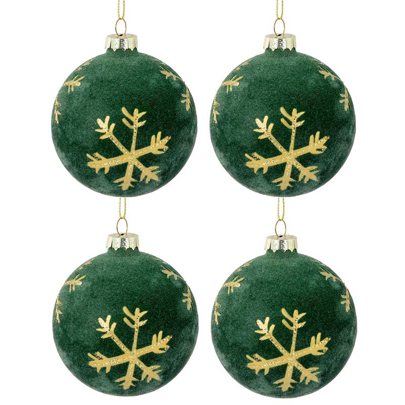 4ct Green Flocked Glass Ball Christmas Ornaments Gold Snowflakes 3"
