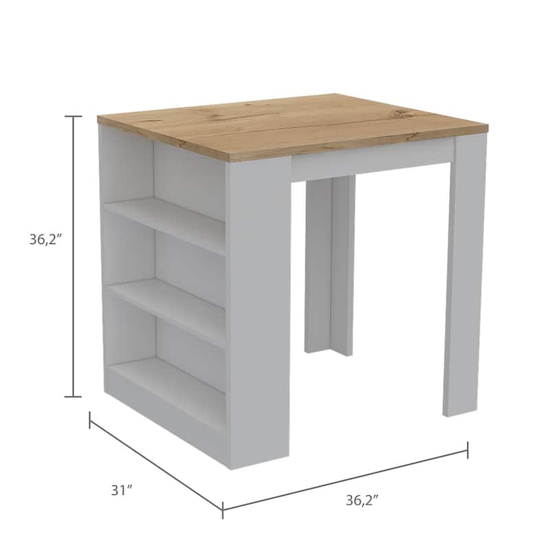 Square White and Pine Kitchen Island with Open Shelves, Spacious Countertop, and Dining Space for Two People