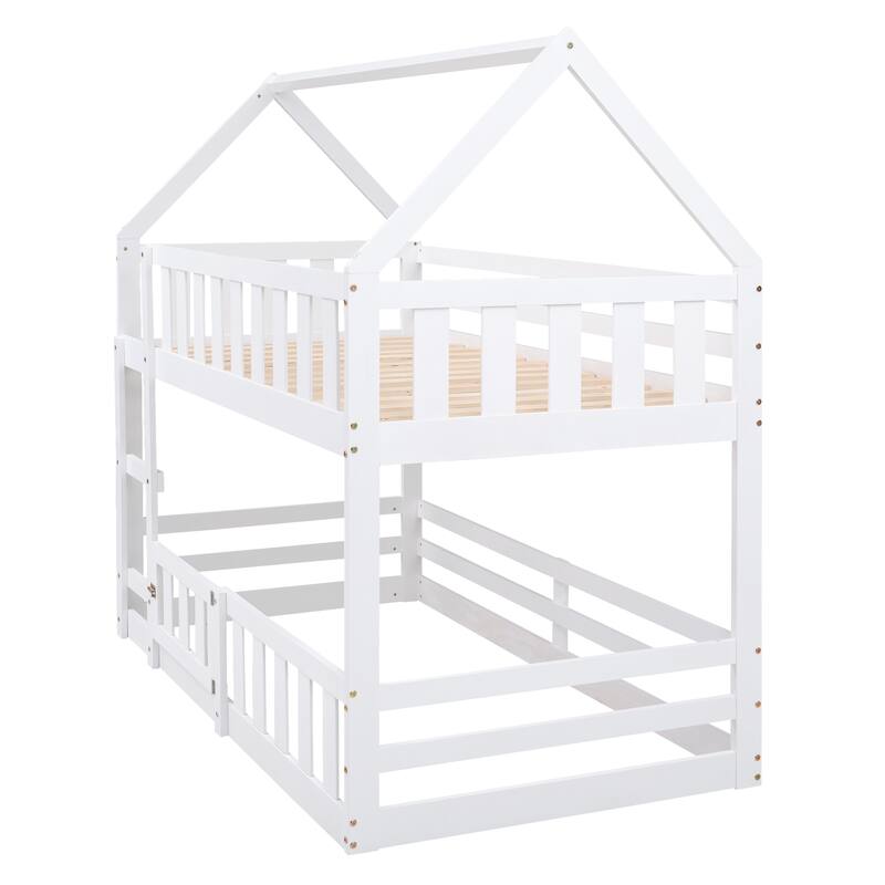 Twin Size House Bunk Bed with Sky Roof, Fence Guardrails, and Door - Solid Pine Wood Construction for Safety