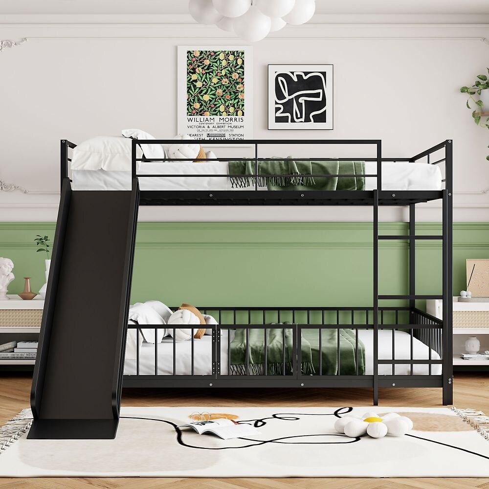 Metal Bunk Bed with Slide and Guardrails