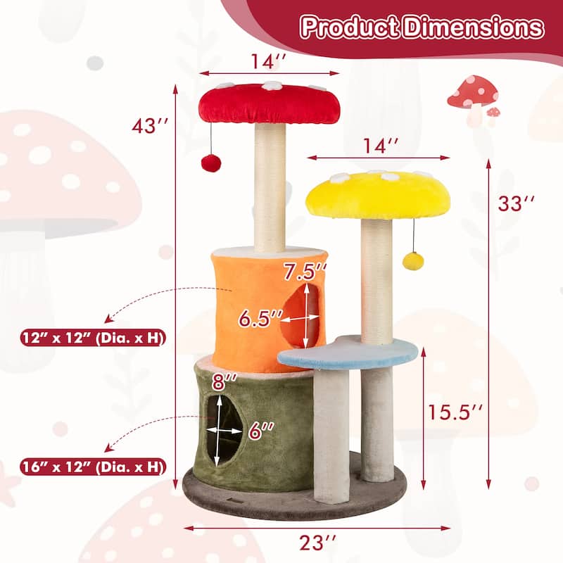 43" Multi-Level Cat Tree Tower with Sisal Posts Mushroom Perches Condos and Dangling Toys