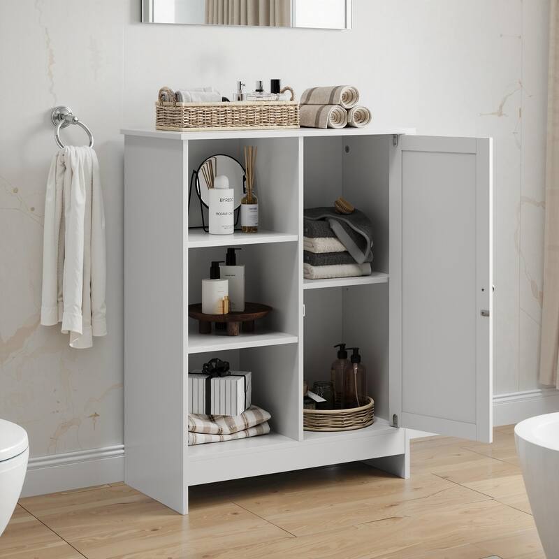 Roomfitters Modern Bathroom Storage Cabinet with Open Shelves and Beadboard Door, Floor Organizer for Small Spaces, White
