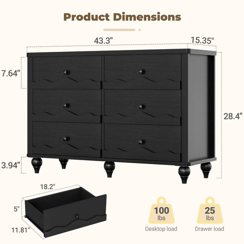 Modern 6-Drawer Dresser Closet Organizer, 43-In Chest of Drawers TV Stand