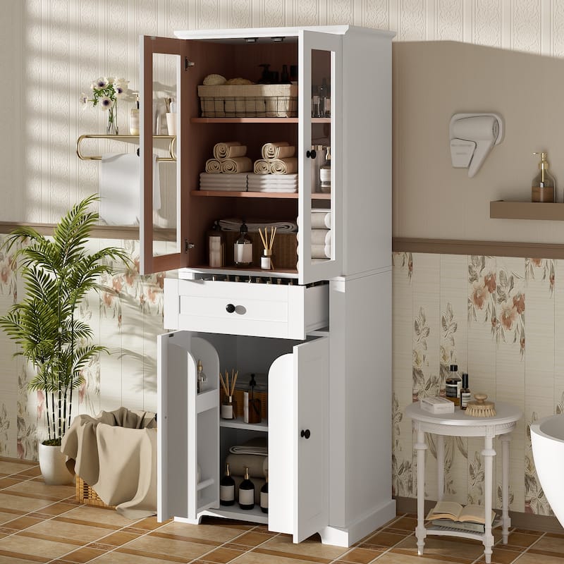 67.2"Tall Bathroom Storage Cabinet with Glass Doors, Adjustable Shelves & Drawer -Freestanding Linen Tower, Soft-Close Design