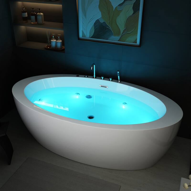 71 in. Freestanding Acrylic Whirlpool Bathtub with 6 Jets, Chromatherapy LED Lighting, 4-Hole Faucet Kit, Center Drain