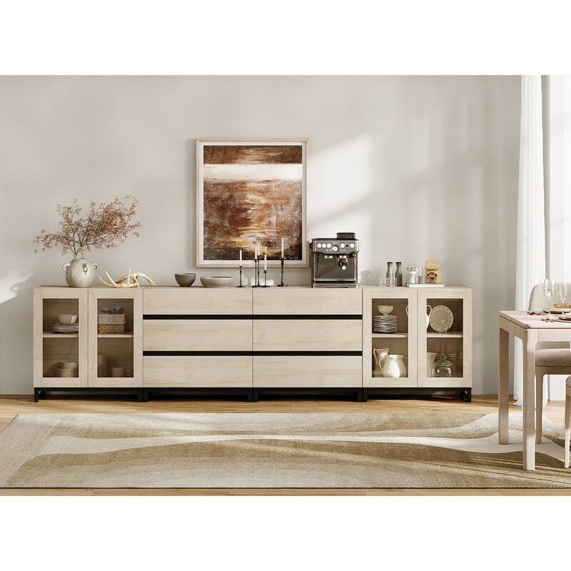 4 in 1 Modern Sideboard with Glass Doors and 6 Drawers Adjustable Shelves Coffee Bar Storage Cabinet for Living Room, Kitchen