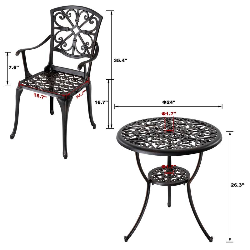Outdoor 3-Piece Cast Aluminum Patio Set with 1.77" Umbrella Hole