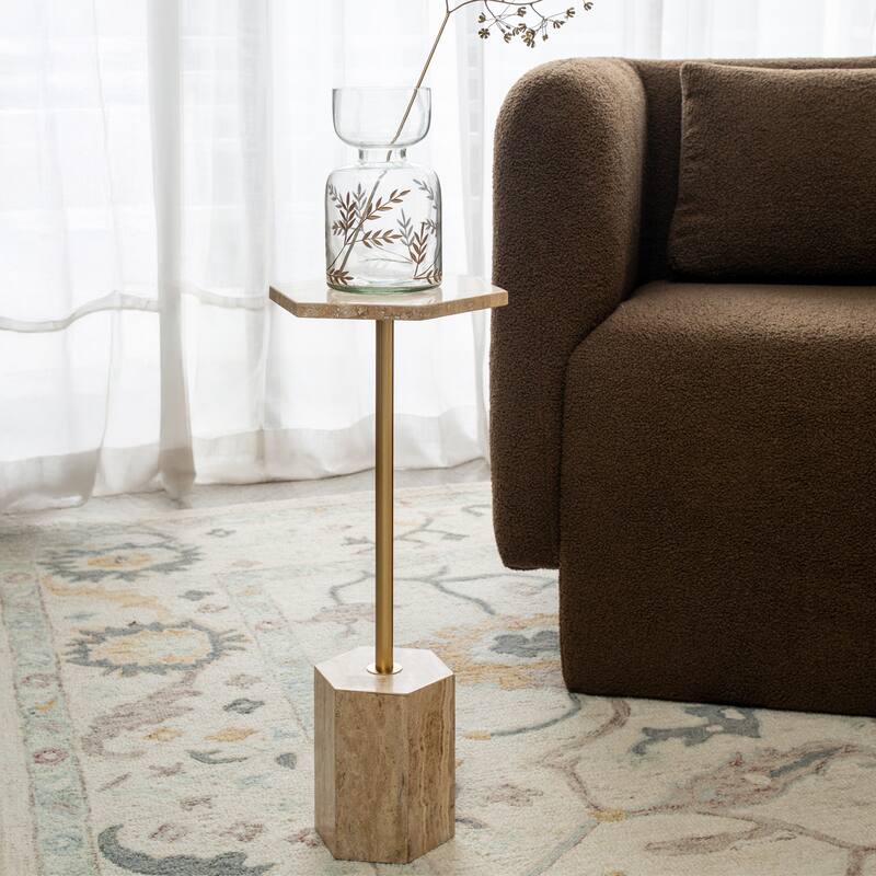 Pinon Modern Marble & Wood Round Drink Table, 10"W x 10"D x 22"H, by Sevita - Beige/Gold - Marble