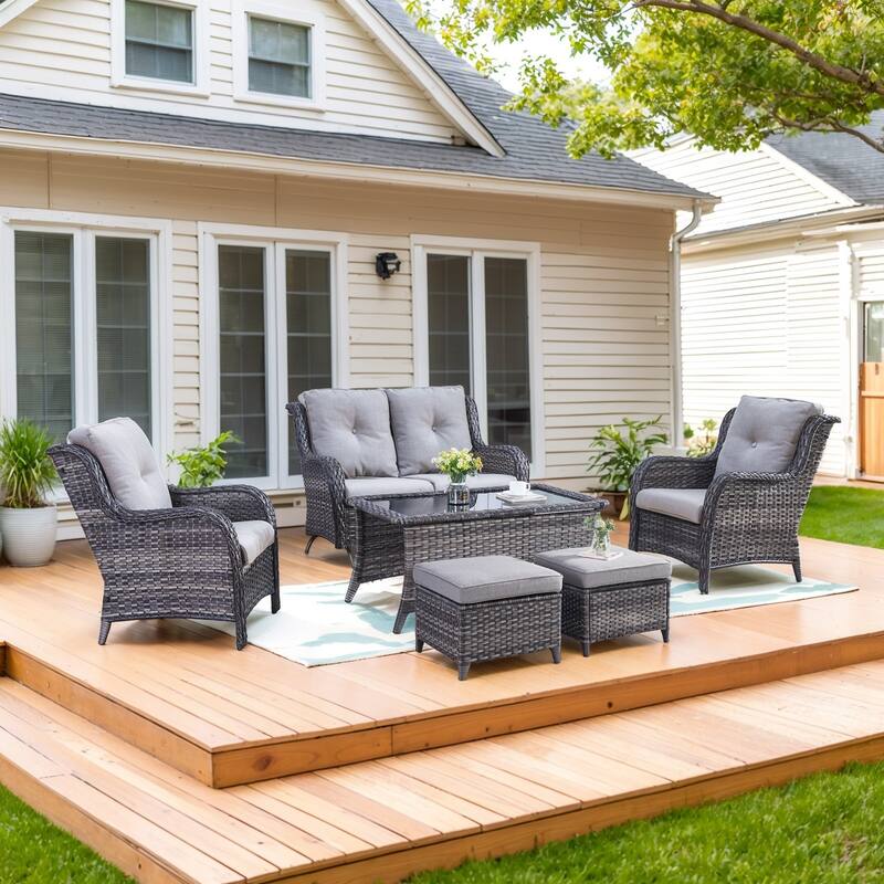 2 Patio Chair with Glider Sofa and Ottomans - Grey - Grey