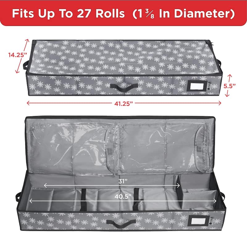 HOLDN' STORAGE Wrapping Paper Storage Container, Fits 27 Rolls Gift Wrap, Extra Pockets for Ribbons & Bows, Underbed Storage