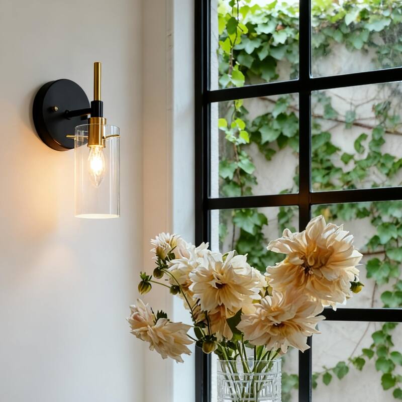 Modern Farmhouse 1-Light Black Gold Wall Sconce Light Fixture with Glass Shade