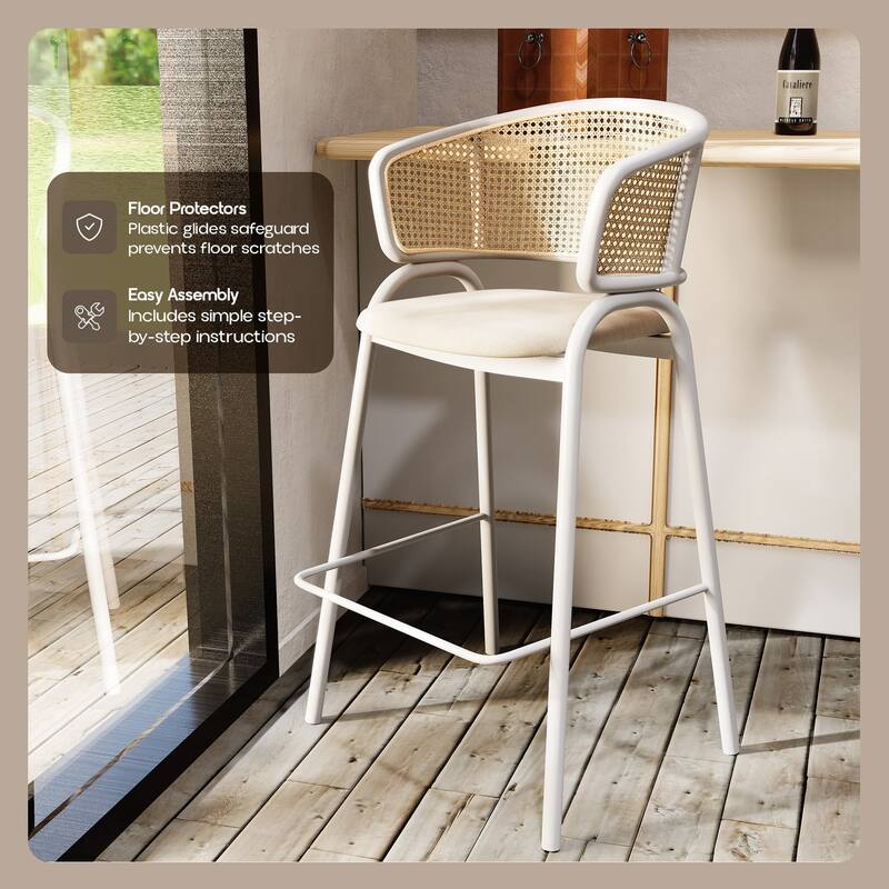 LeisureMod Ervilla Set of 2 Modern Wicker Leather Bar Stool with Curved Back & White Steel Frame for Home Office Dining Room