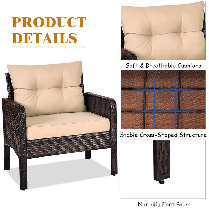 Costway 3 PCS Patio PE Wicker Furniture Set with Cushions and Tempered - See Details