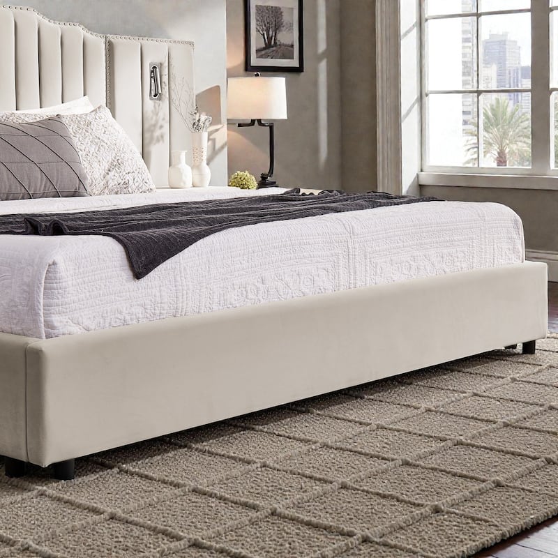 Modern Upholstered Bed Frame with Velvet Headboard, Vertical Channel Button Design, Integrated Nightstand, Platform Support