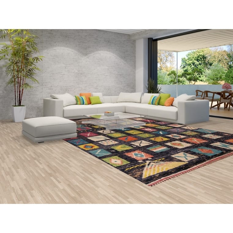 All-Over Black Plush Large Moroccan Area Rug Handmade Wool Carpet - 9'9" x 15'1"