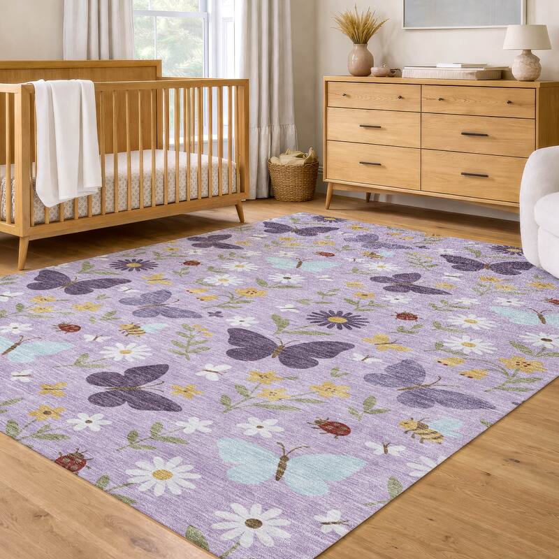 Machine Washable Indoor/ Outdoor Whimsy Butterfly Chantille Rug