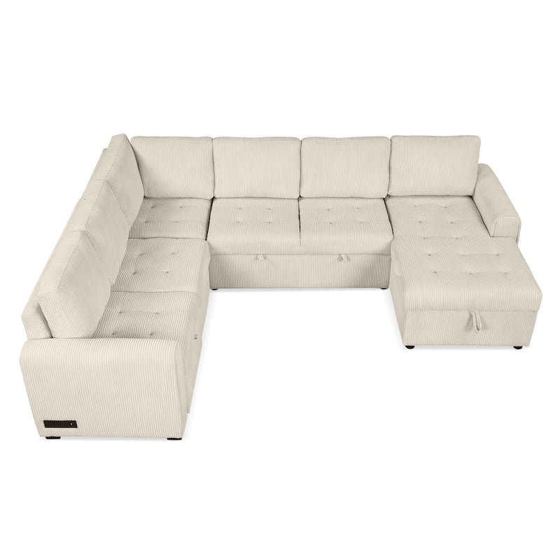 107.5" U-Shaped 5-Seater Sectional Sofa with Pull-Out Bed, Storage Chaise Lounge, USB Ports, and Power Outlets
